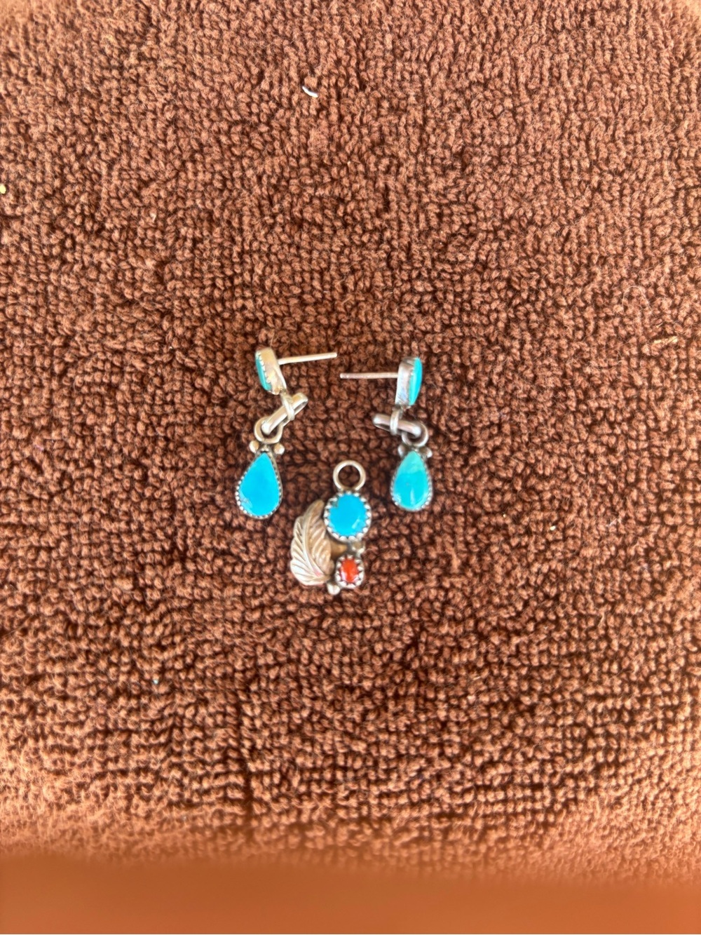 Vintage Handcrafted Turquoise Drop Dangle Earrings w/Leaf & Orange Pendant